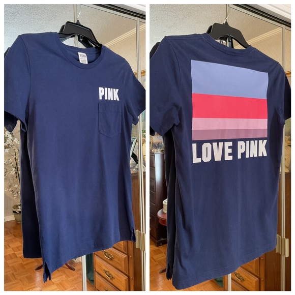 PINK Victoria's Secret Tops - VICTORIA’S SECRET PINK LOGO FRONT & BACK NAVY BLUE SHORT SLEEVE TEE SIZE  XS